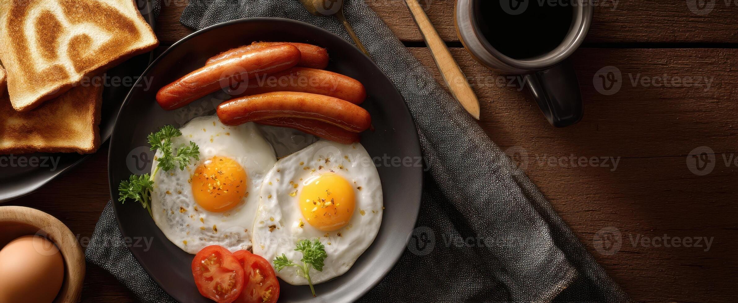 The delicious breakfast plate featuring eggs, sausage, and toast on a wooden table. photo