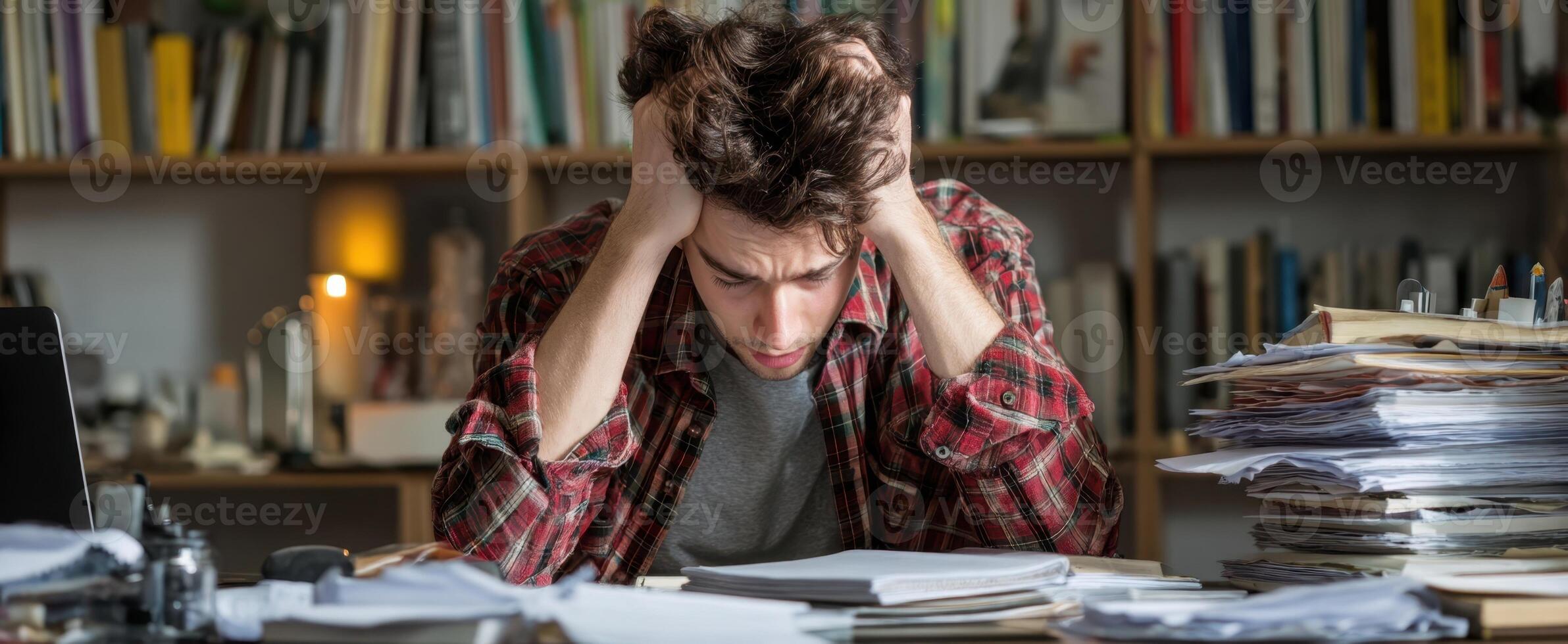 The young man overwhelmed by stress in a messy workspace. photo