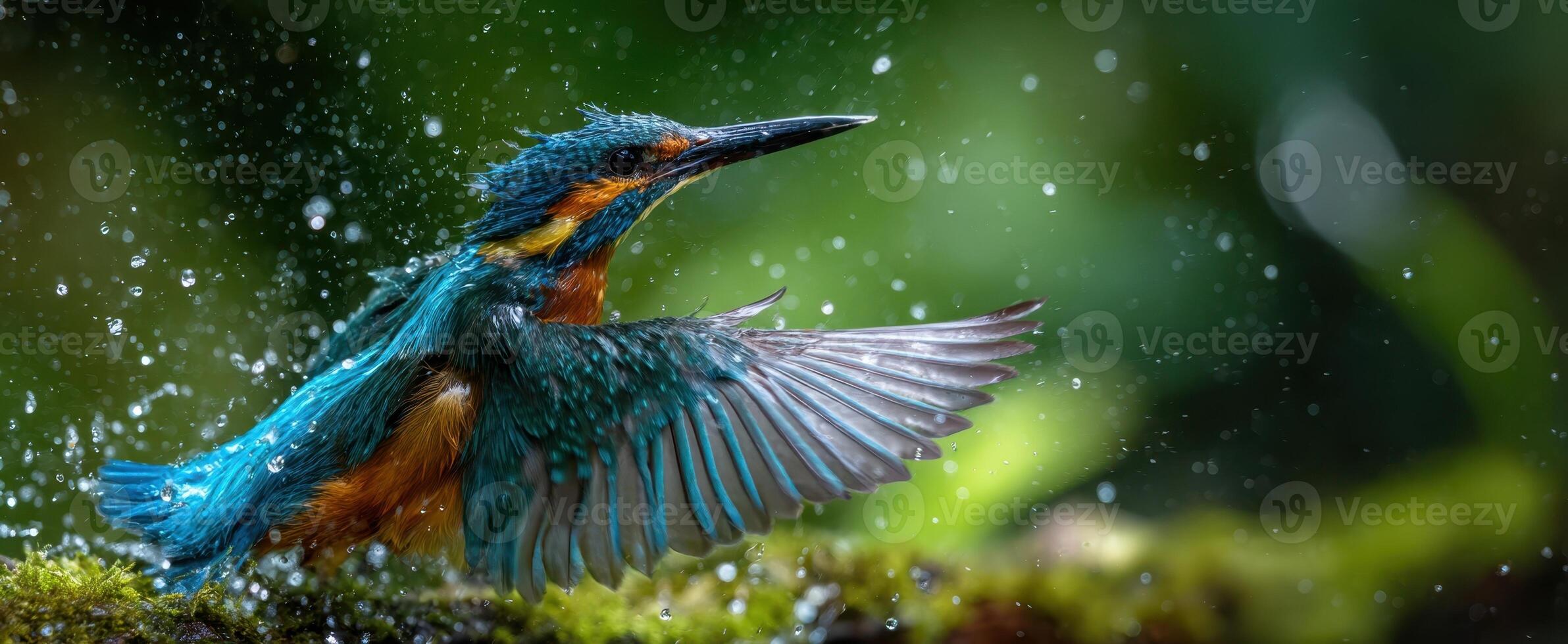 The Kingfisher Splashes Magnificently in a Glimmering Forest Scene photo