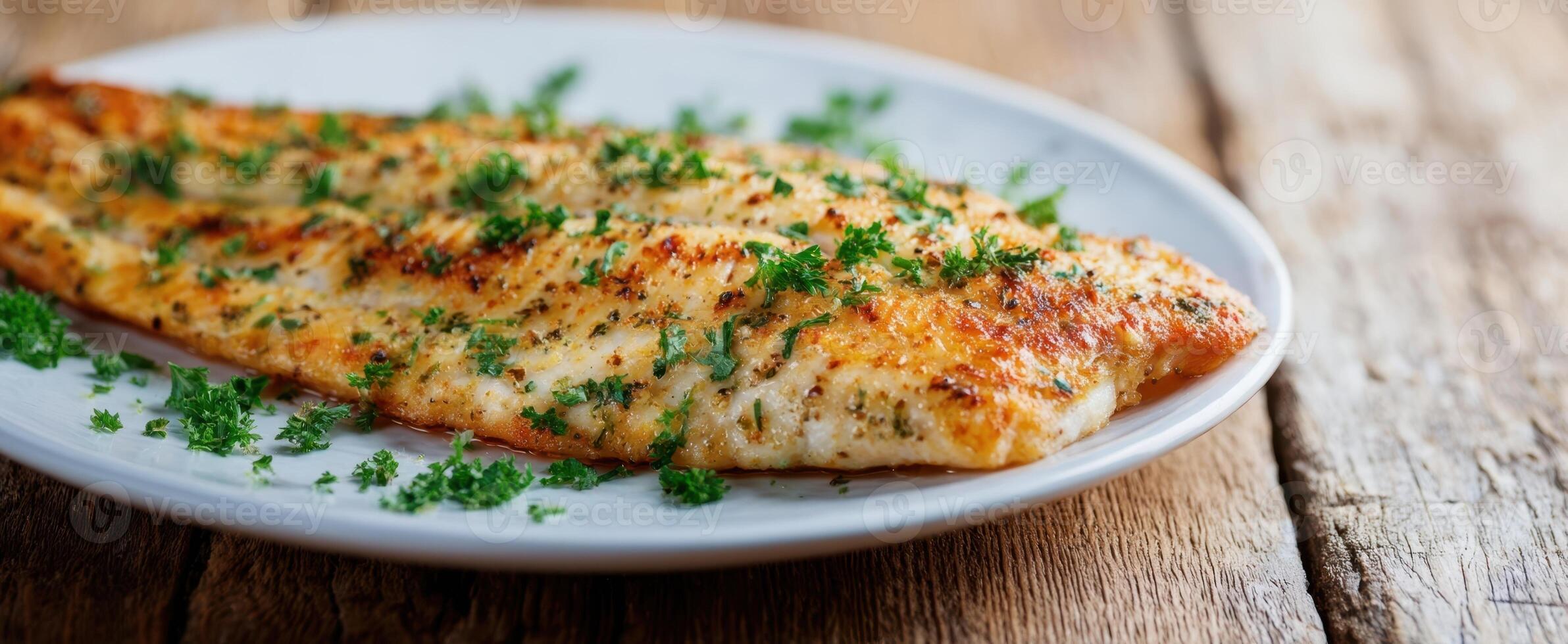 The perfectly cooked fish fillet garnished with fresh parsley on a wooden table. photo