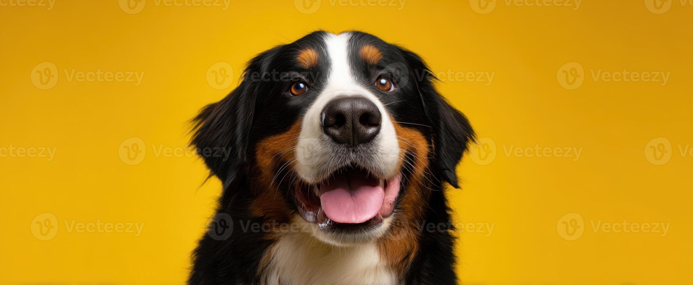 The Bernese Mountain Dog with a Happy Expression Against a Yellow Background photo