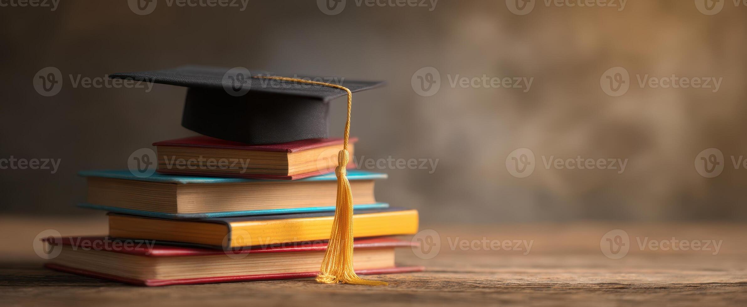 The graduation cap resting on a stack of vibrant, colorful books. photo