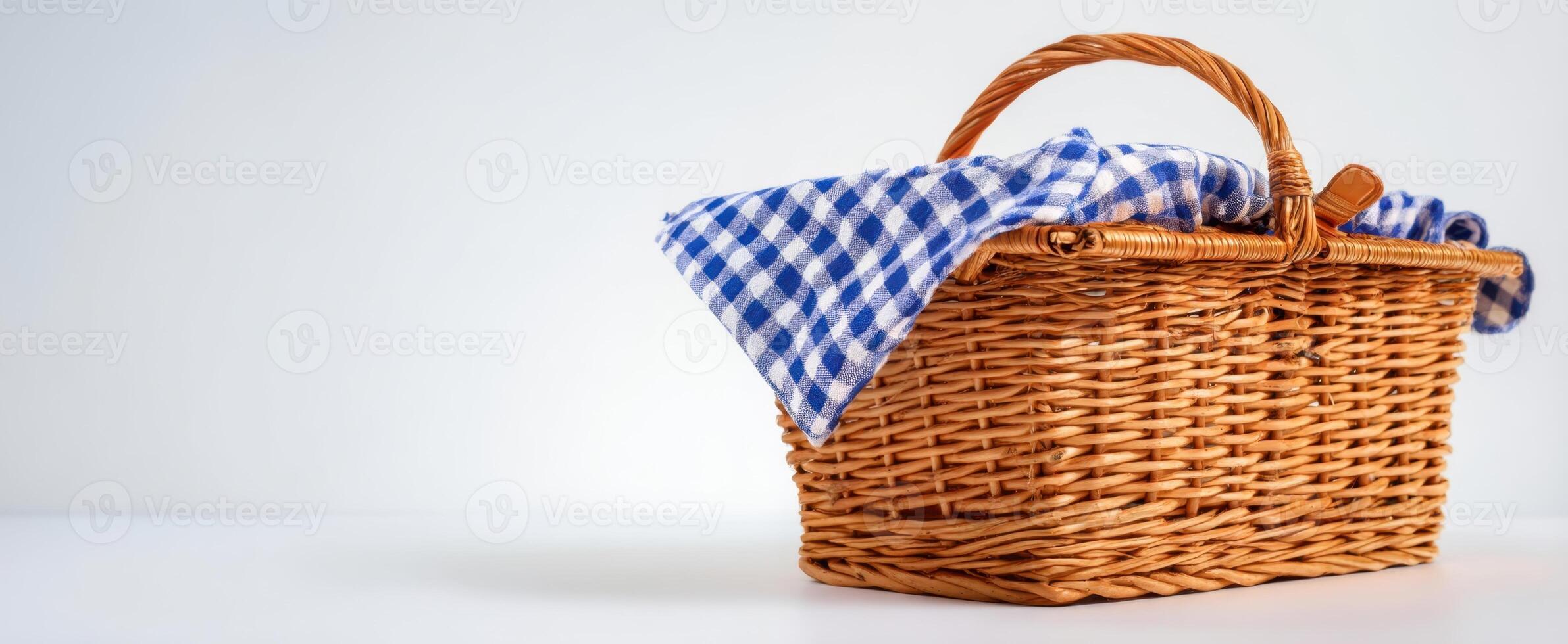 The wicker basket with blue checkered cloth ready for a picnic. photo