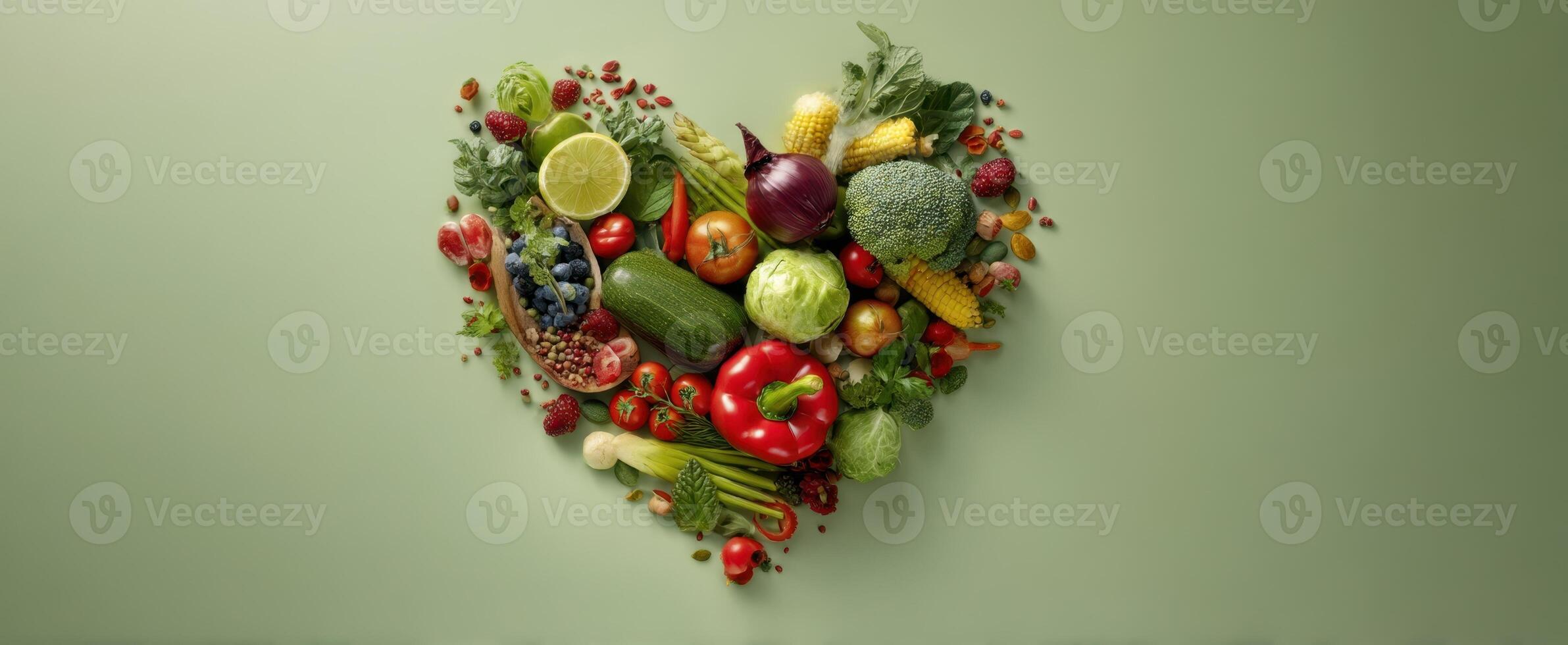 The Heart-Shaped Arrangement of Fresh Fruits and Vegetables for Healthy Living photo