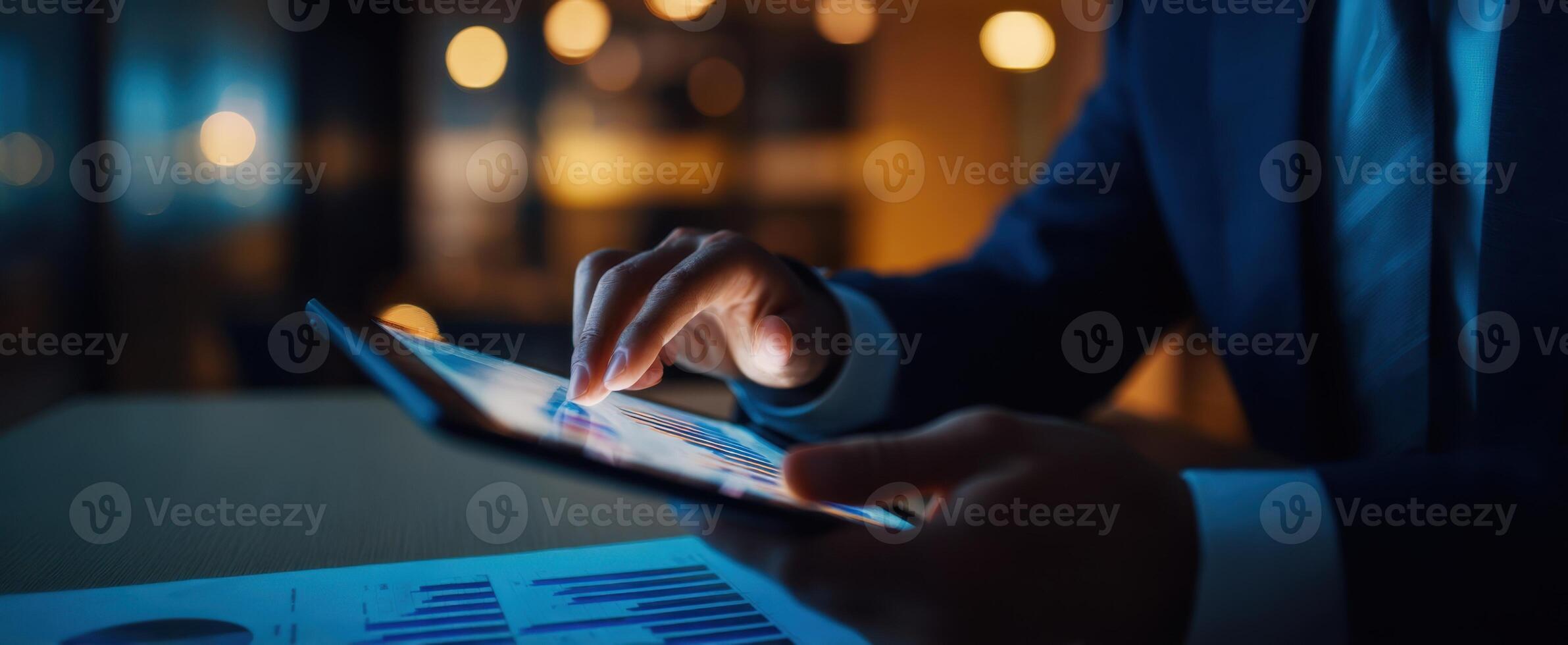 The businessman interacts with a tablet, analyzing data charts in a modern office. photo