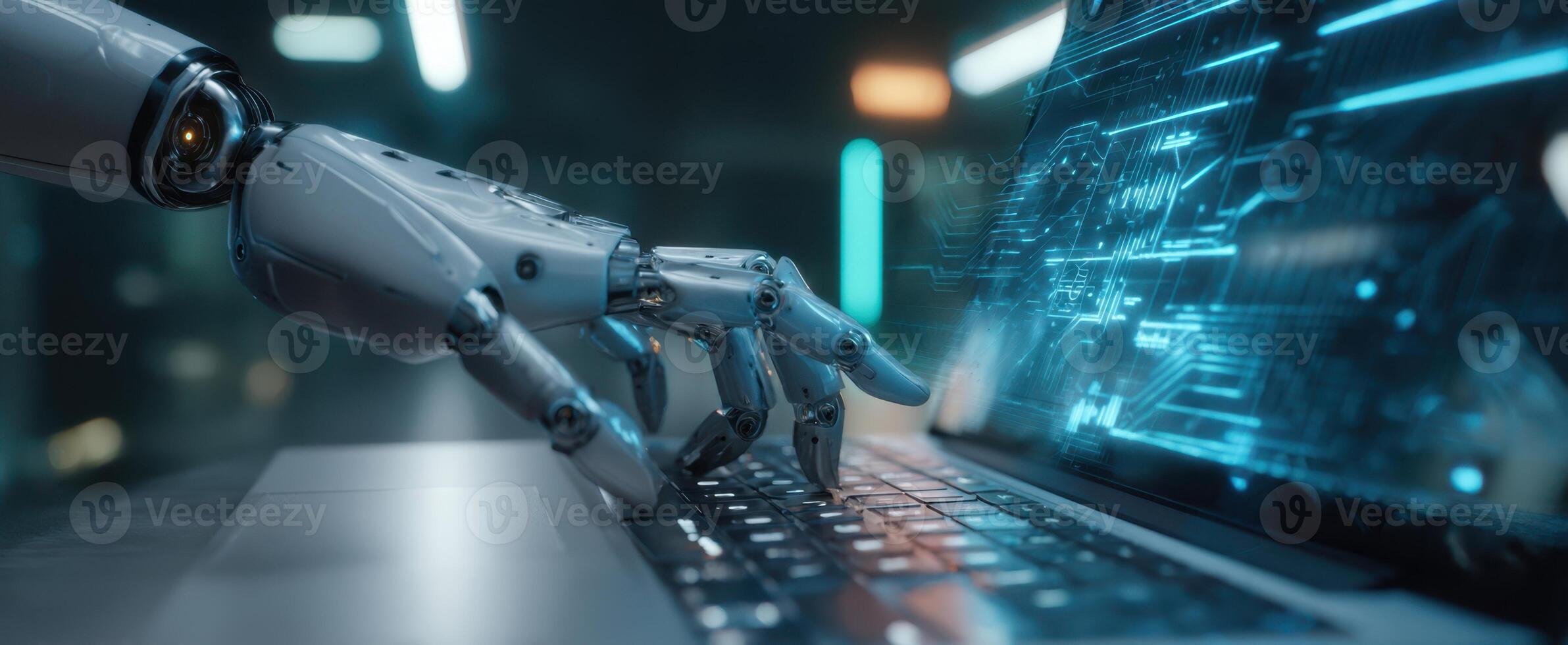 The robotic hand interacting with a high-tech laptop in a digital environment. photo
