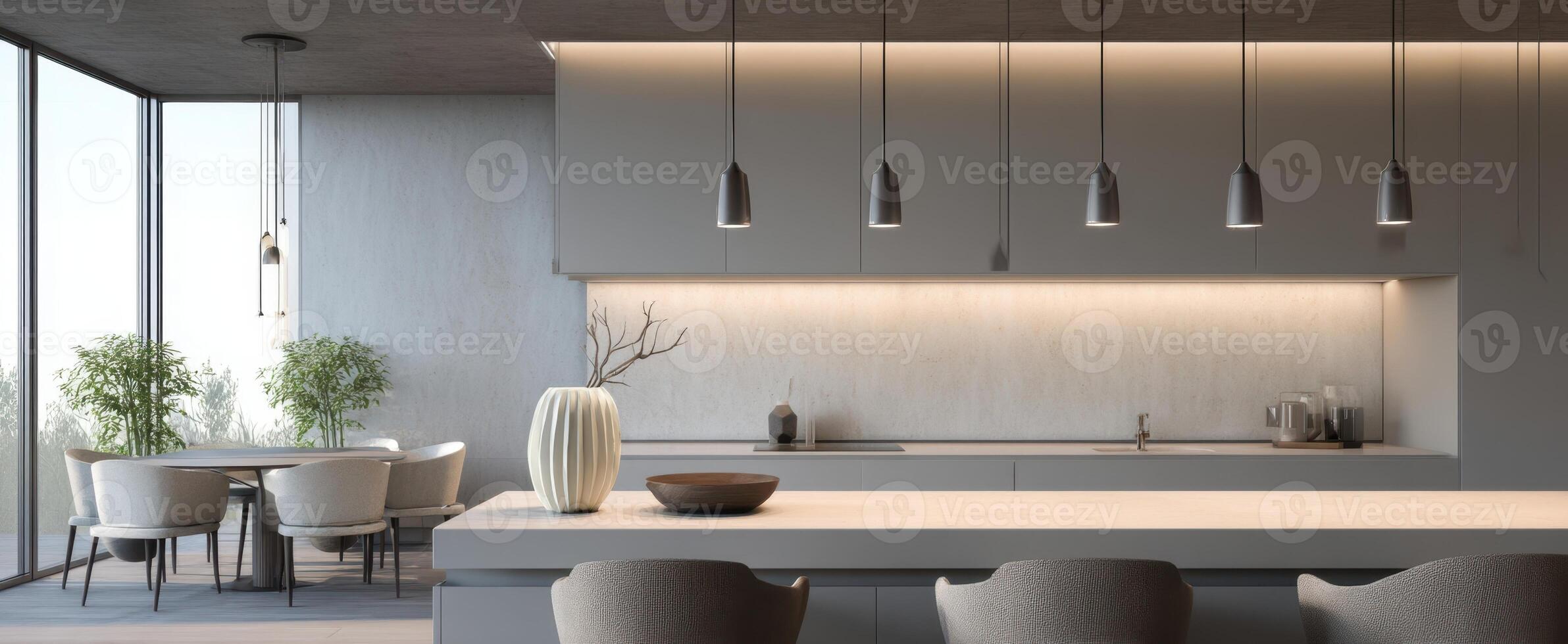 The modern kitchen with elegant lighting and minimalist design elements. photo