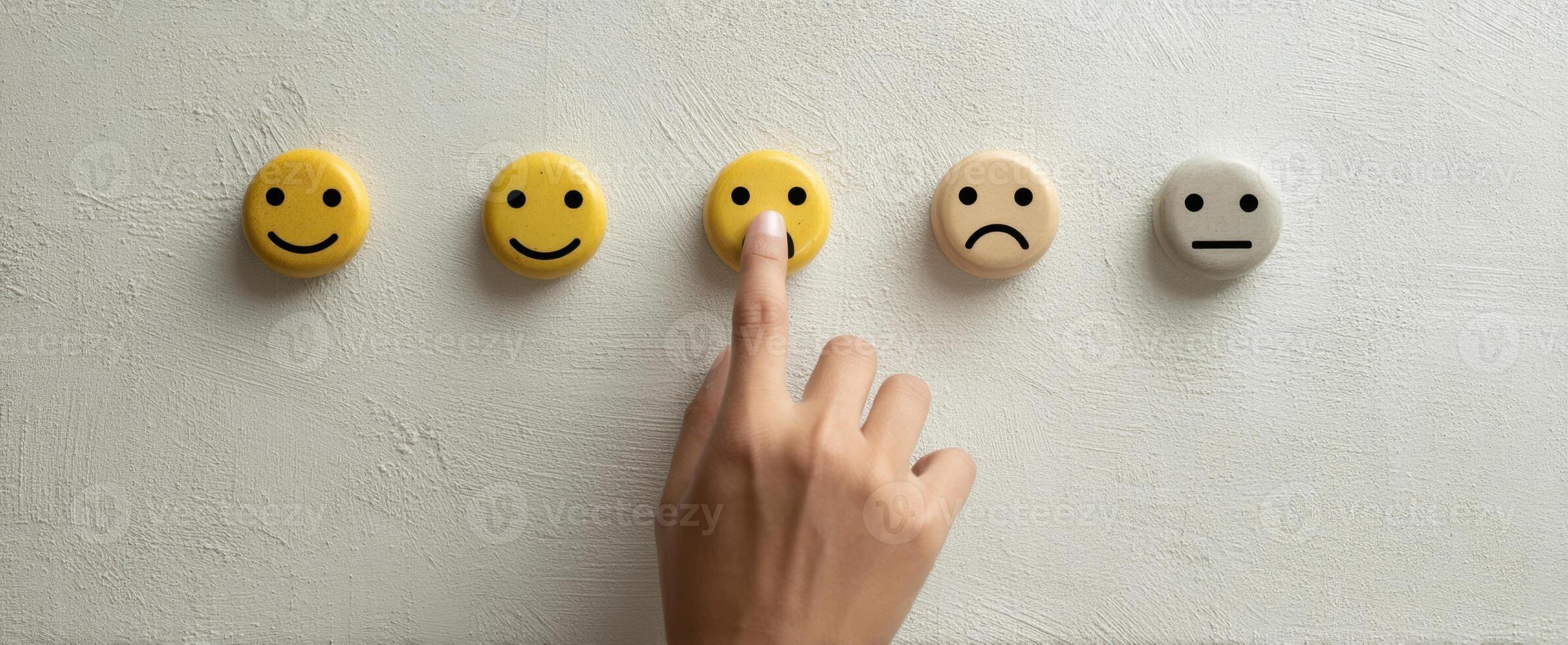 The hand selecting a smiley face among emotional icons on the wall photo