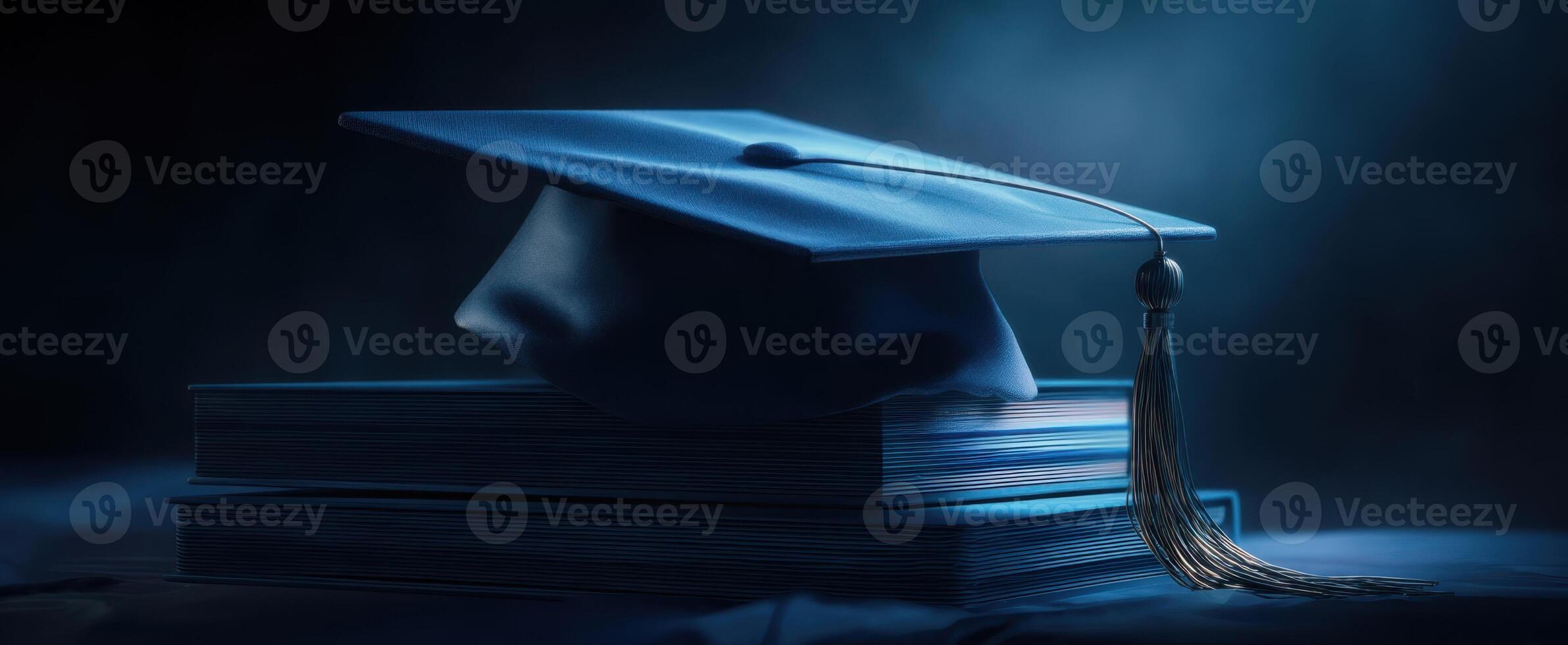 The elegant graduation cap resting on a stack of blue books photo