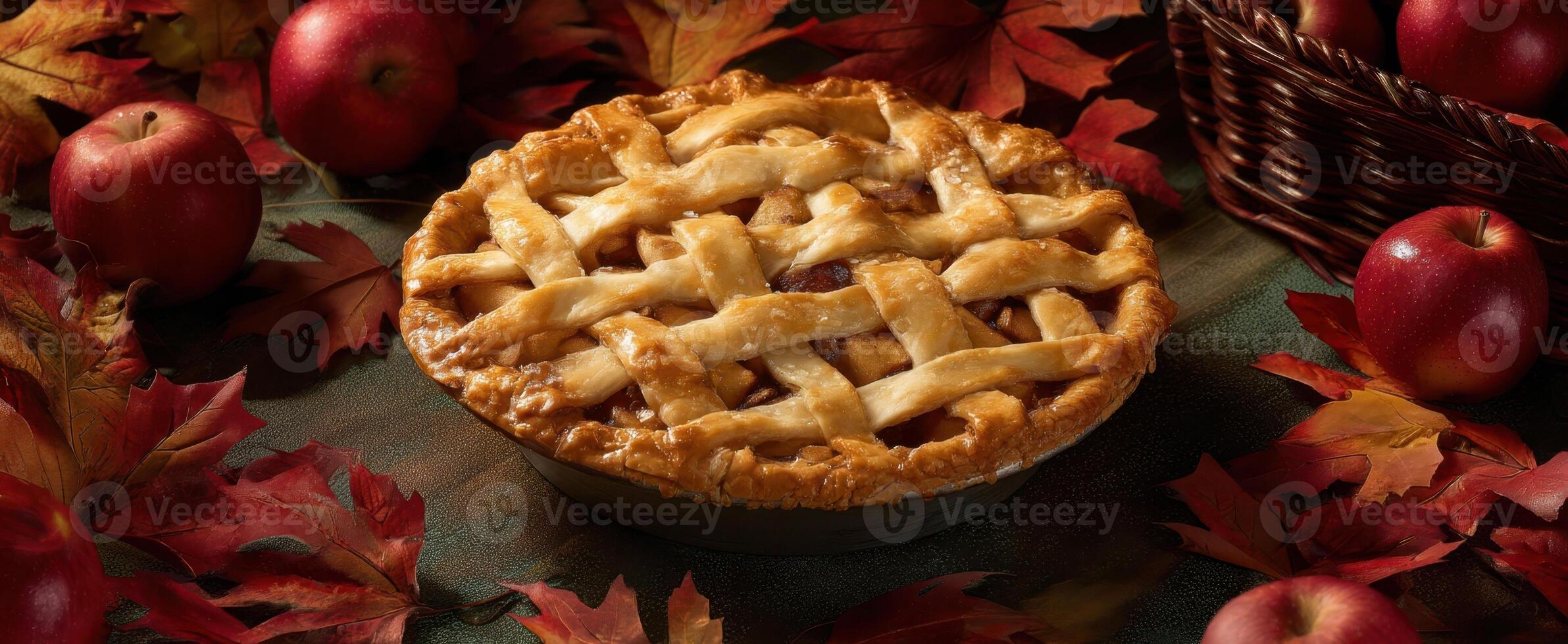 The homemade apple pie surrounded by vibrant autumn leaves and fresh apples. photo