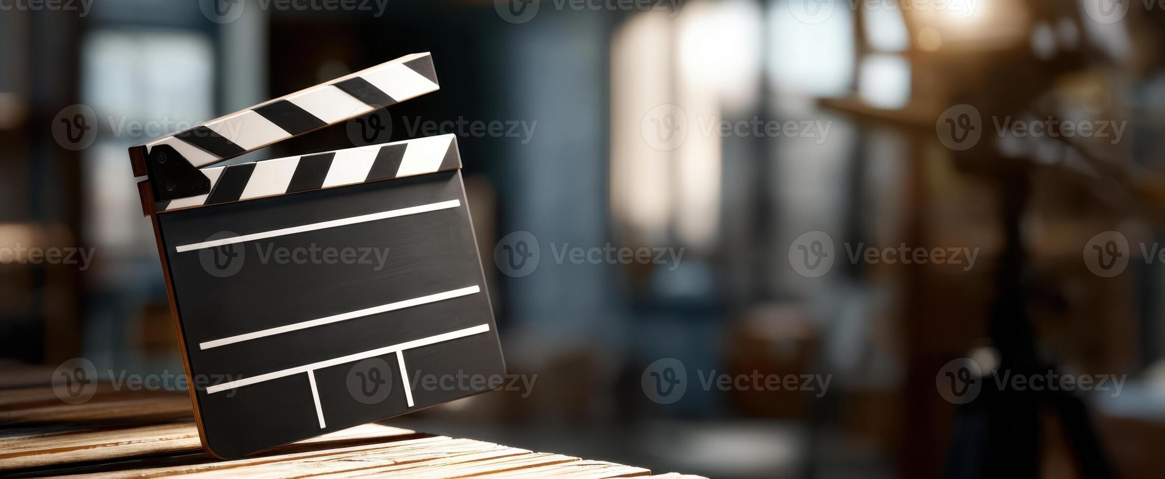 The iconic film clapperboard on a rustic wooden table in a studio setting. photo
