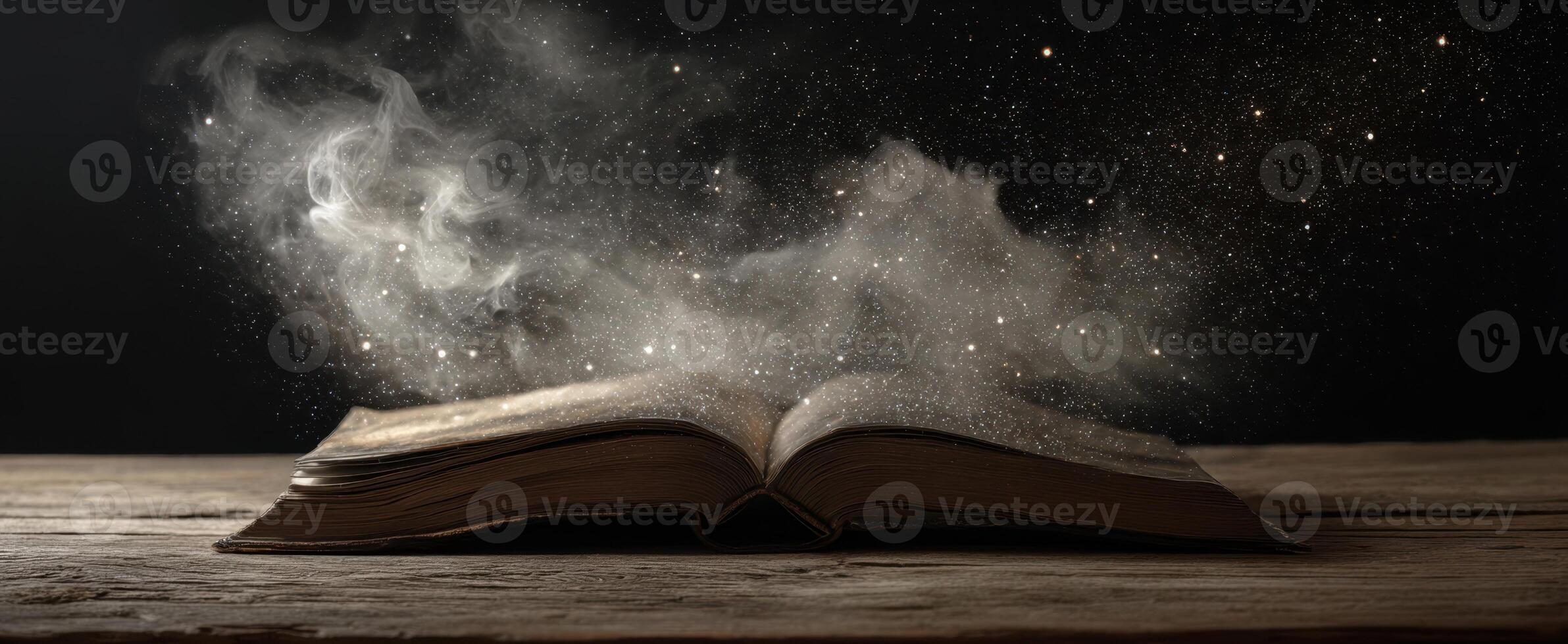 The magical book releasing enchanting particles into the air. photo