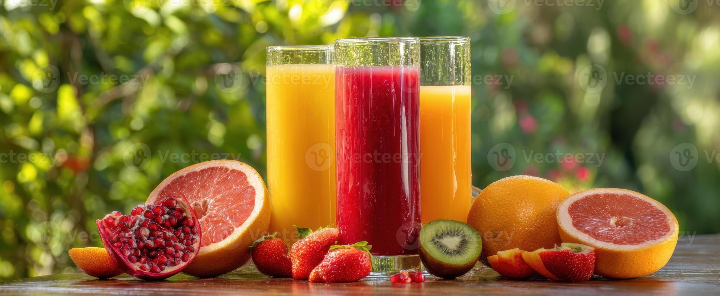 The vibrant assortment of fresh juices surrounded by colorful fruits on a sunny table. photo