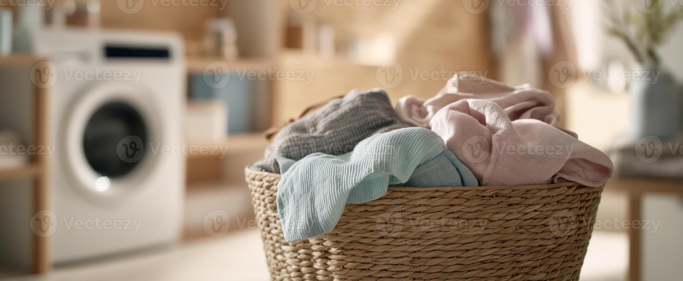 The stylish laundry basket overflowing with freshly laundered clothes in a cozy home. photo