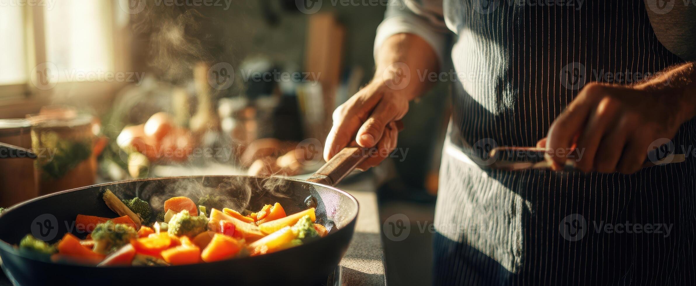 The chef preparing a vibrant stir-fry of fresh vegetables in a cozy kitchen. photo