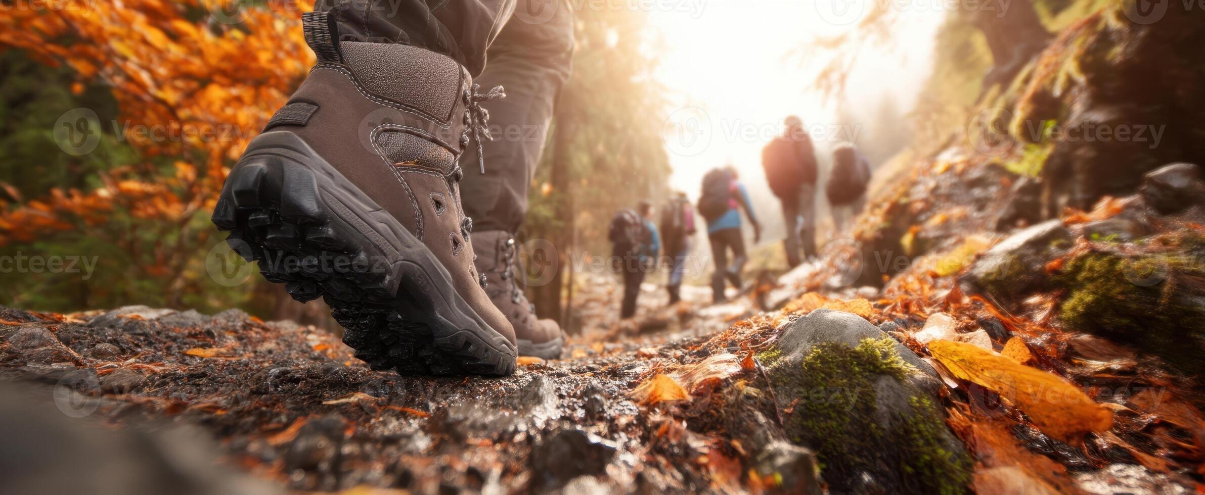 The hikers' journey through a vibrant autumn forest trail. photo