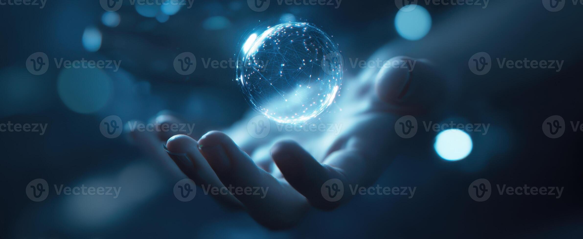 The mesmerizing bubble floating above an outstretched hand in a dreamlike setting. photo
