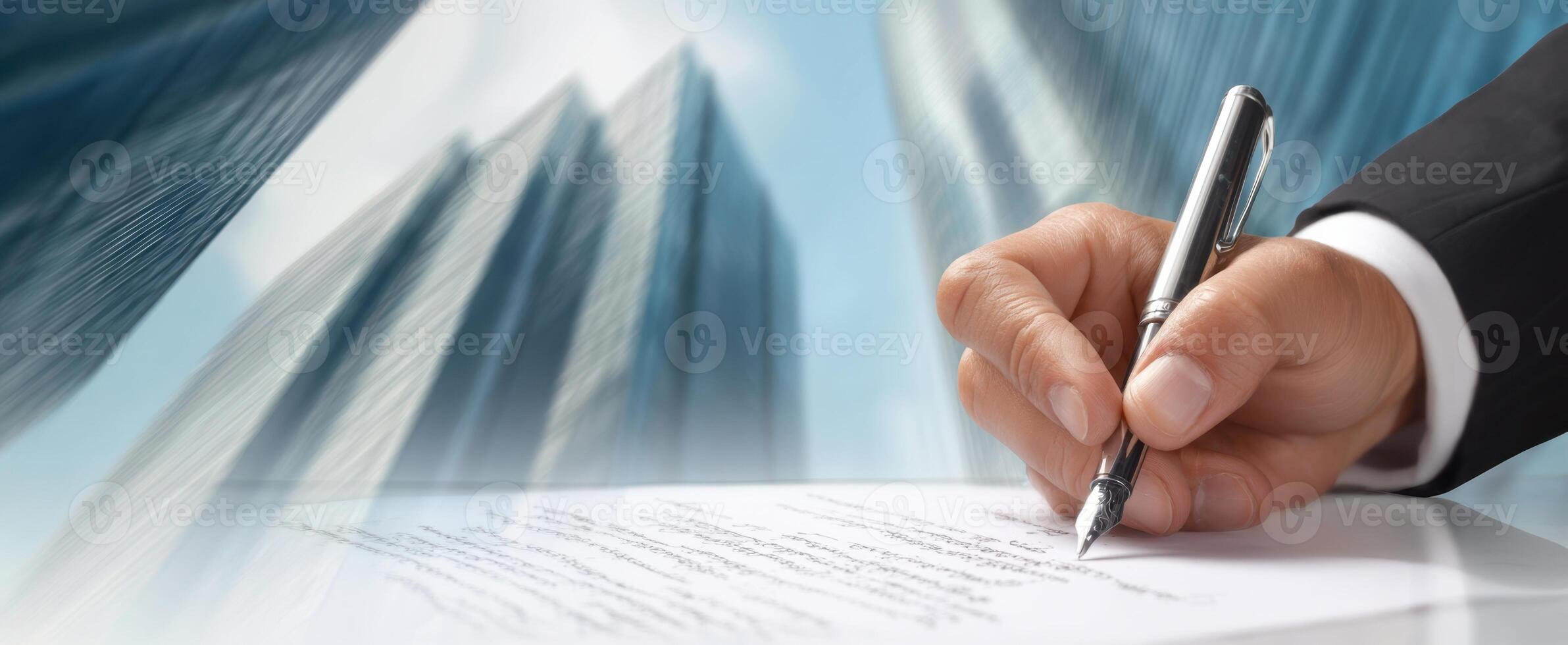 The professional hand signing an important document in a modern business environment. photo
