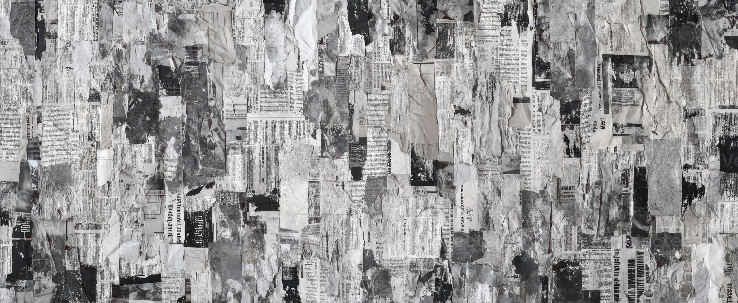 The abstract collage of monochrome newspaper pieces creating visual texture. photo