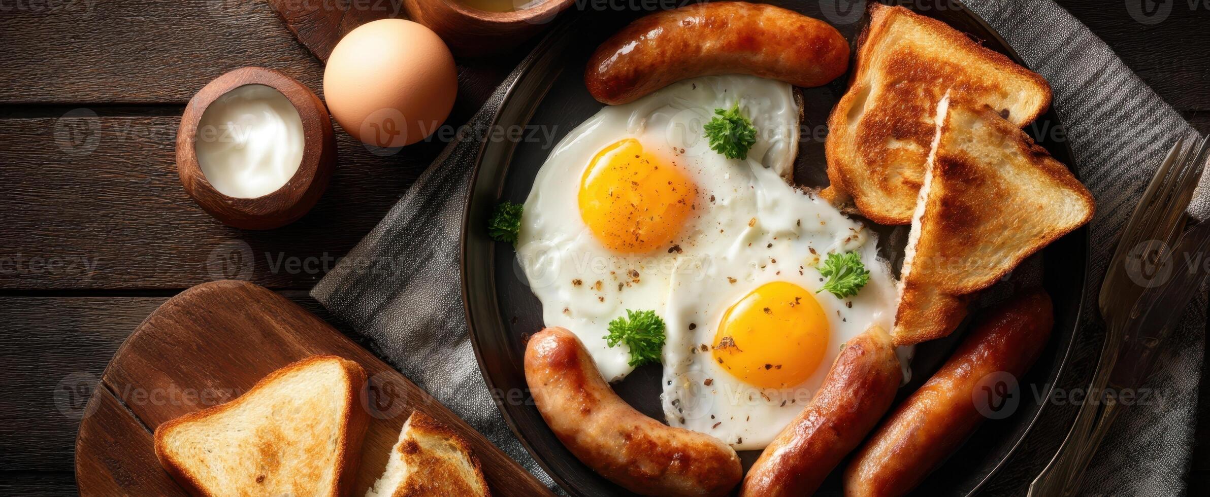 The delicious breakfast platter featuring fried eggs, sausages, and toasted bread. photo