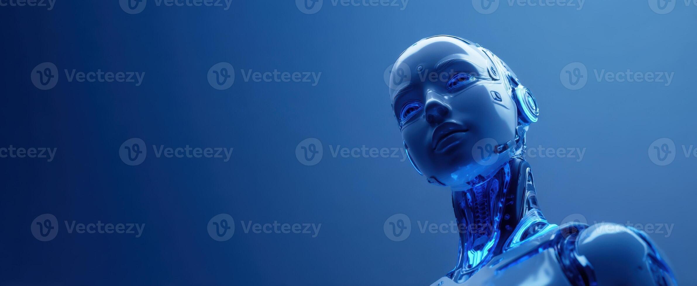 The Futuristic Robot with Sleek Design Against a Dark Blue Background photo