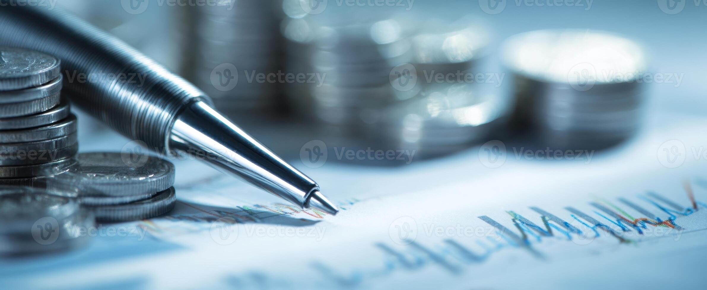 The pen resting on financial reports with coins representing investment growth. photo