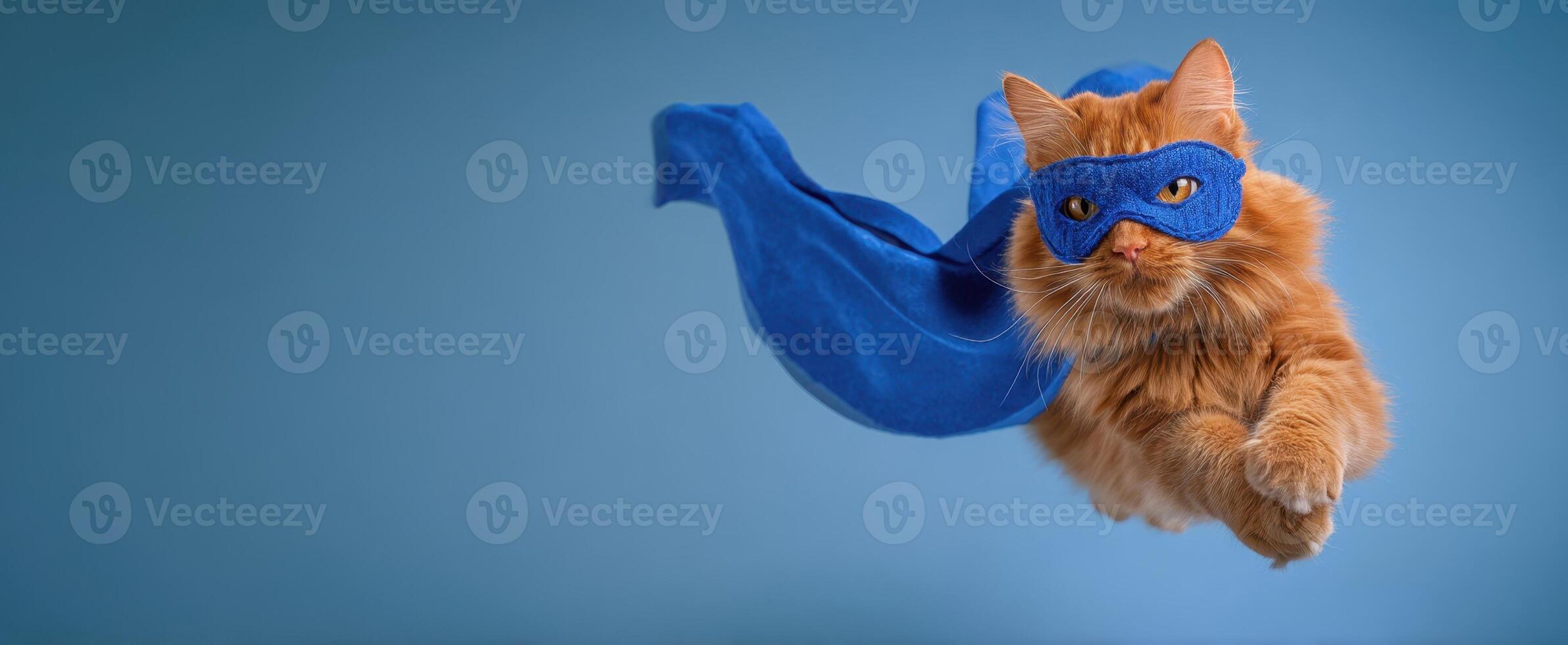The heroic cat soaring through the air in a vibrant blue cape and mask. photo