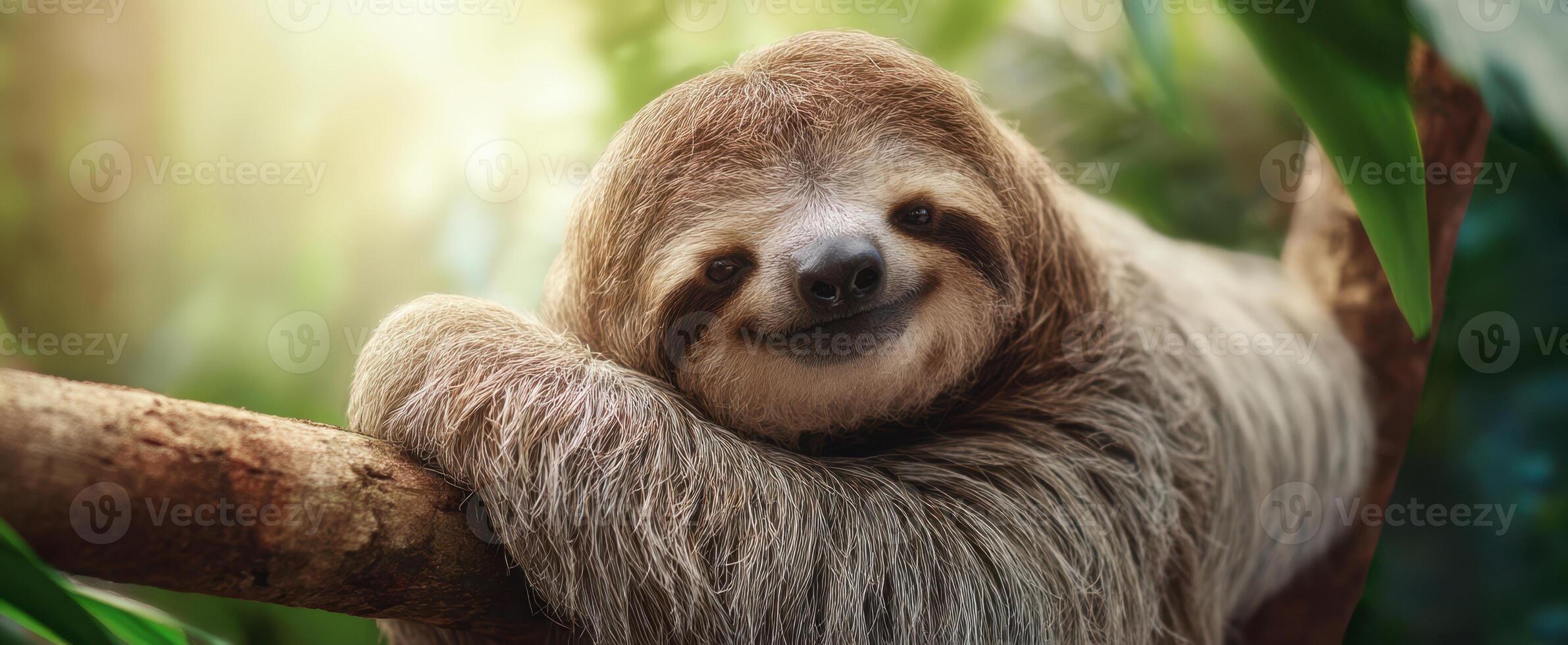 The charming sloth resting on a tree branch in a lush rainforest setting. photo