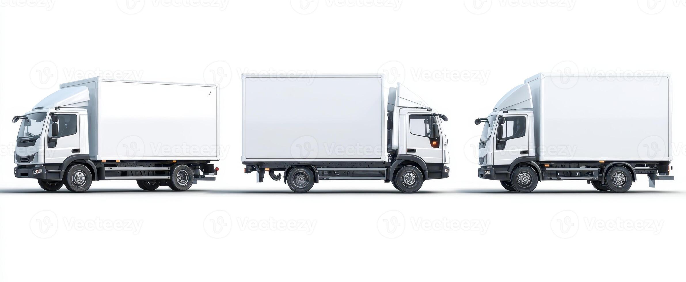 The white delivery trucks lined up for transport and logistics services. photo
