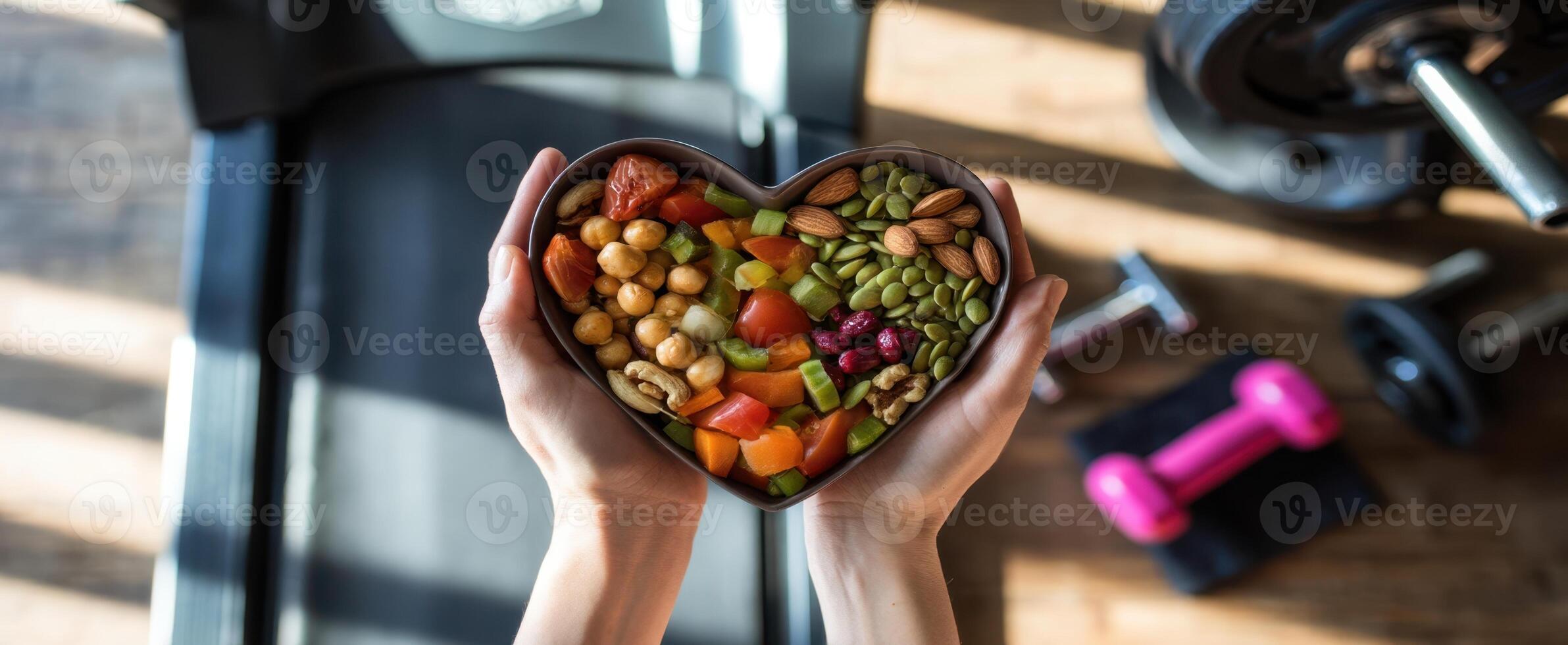 The Heart-Shaped Bowl Filled with Colorful Fruits and Nuts for Healthy Living photo