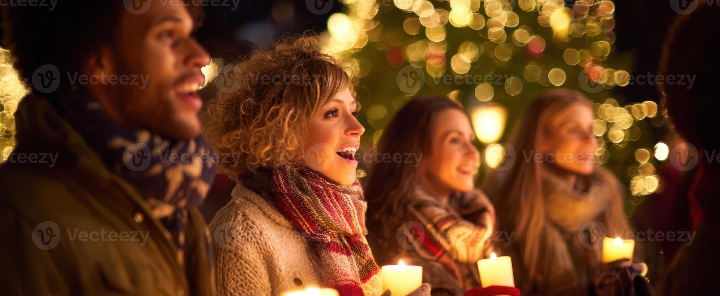The joyful gathering of friends singing with candles amidst holiday lights. photo