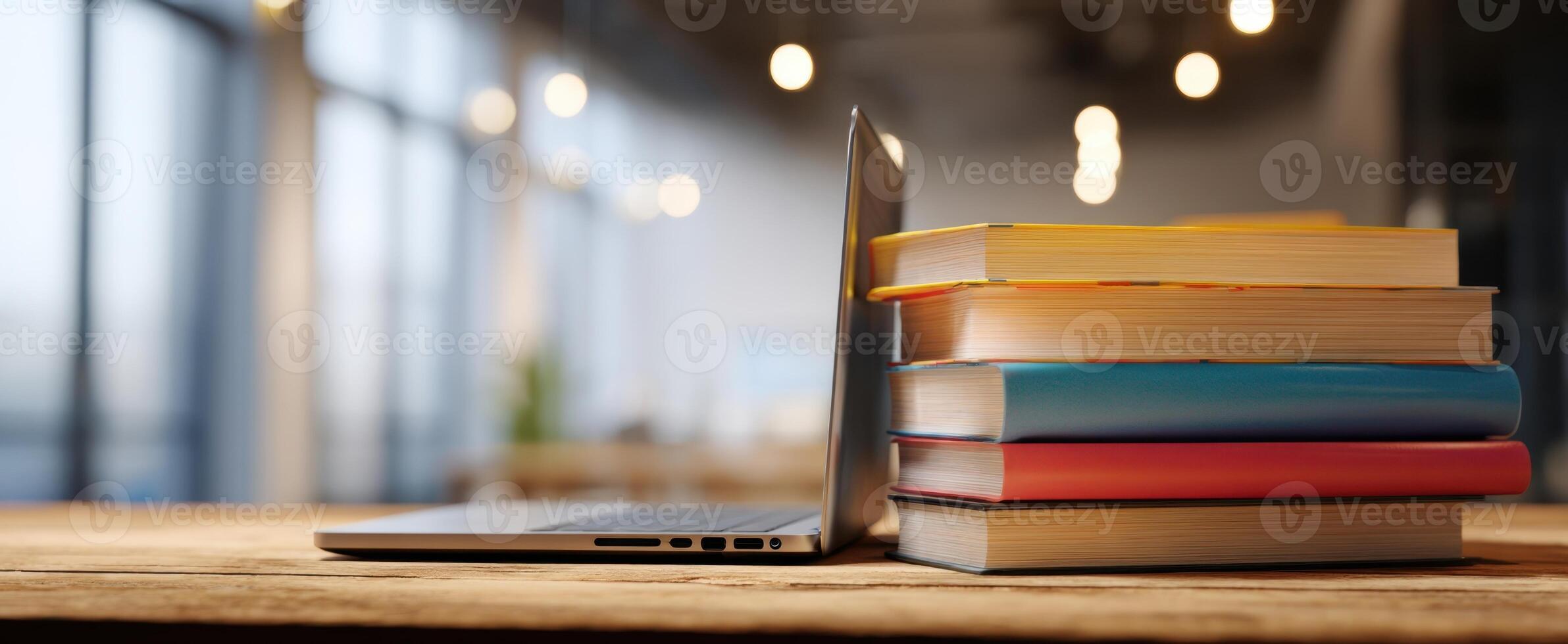 The laptop and stack of colorful books creating a modern workspace atmosphere. photo