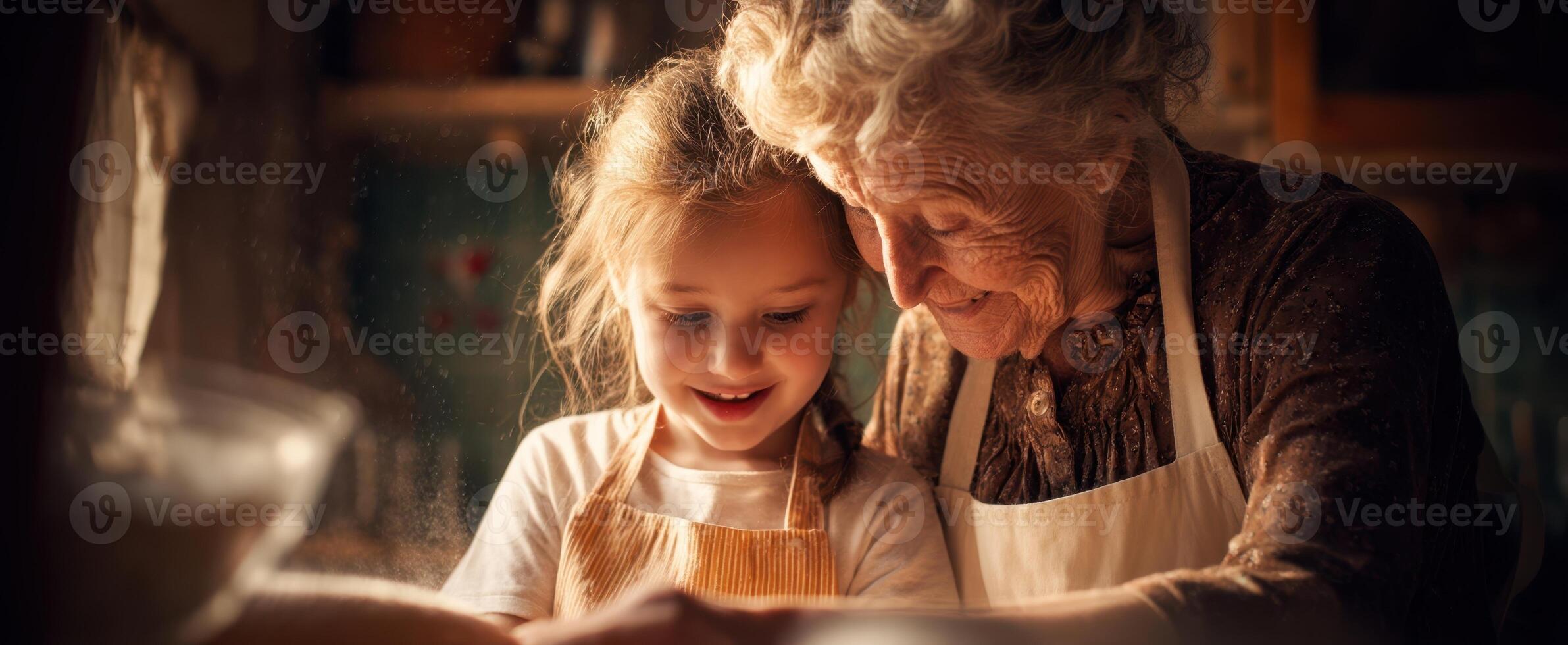 The joyful moment of a grandmother and granddaughter baking together in the kitchen. photo