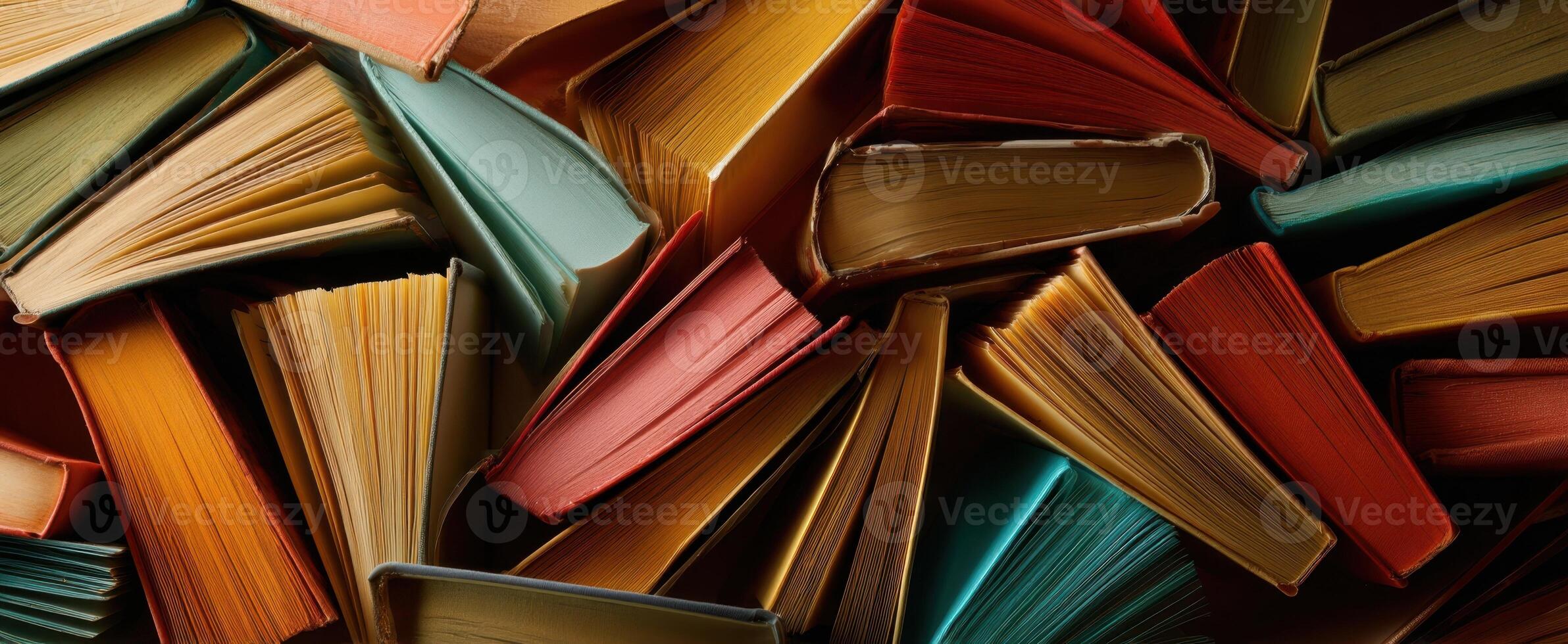 The vibrant display of assorted books arranged in a captivating jumble. photo