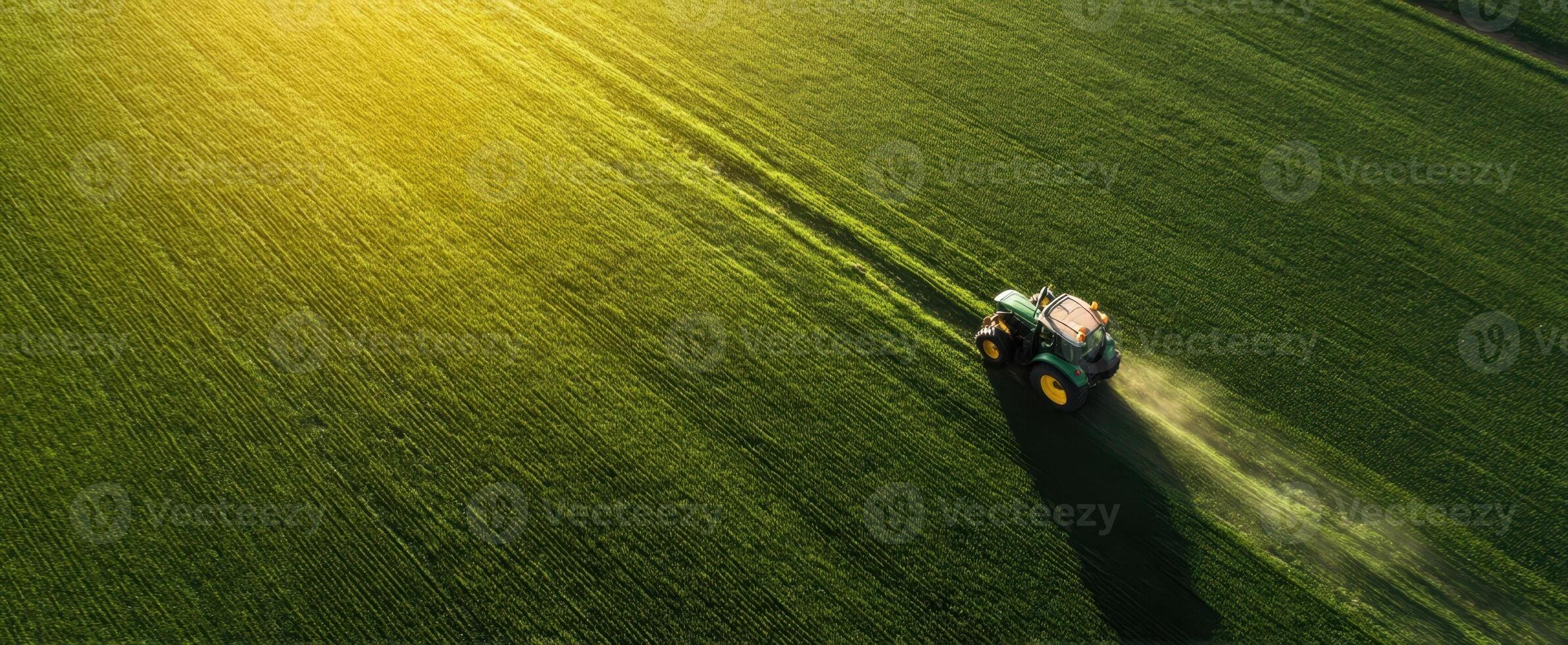 The tractor working diligently across a vast green field in golden sunlight. photo