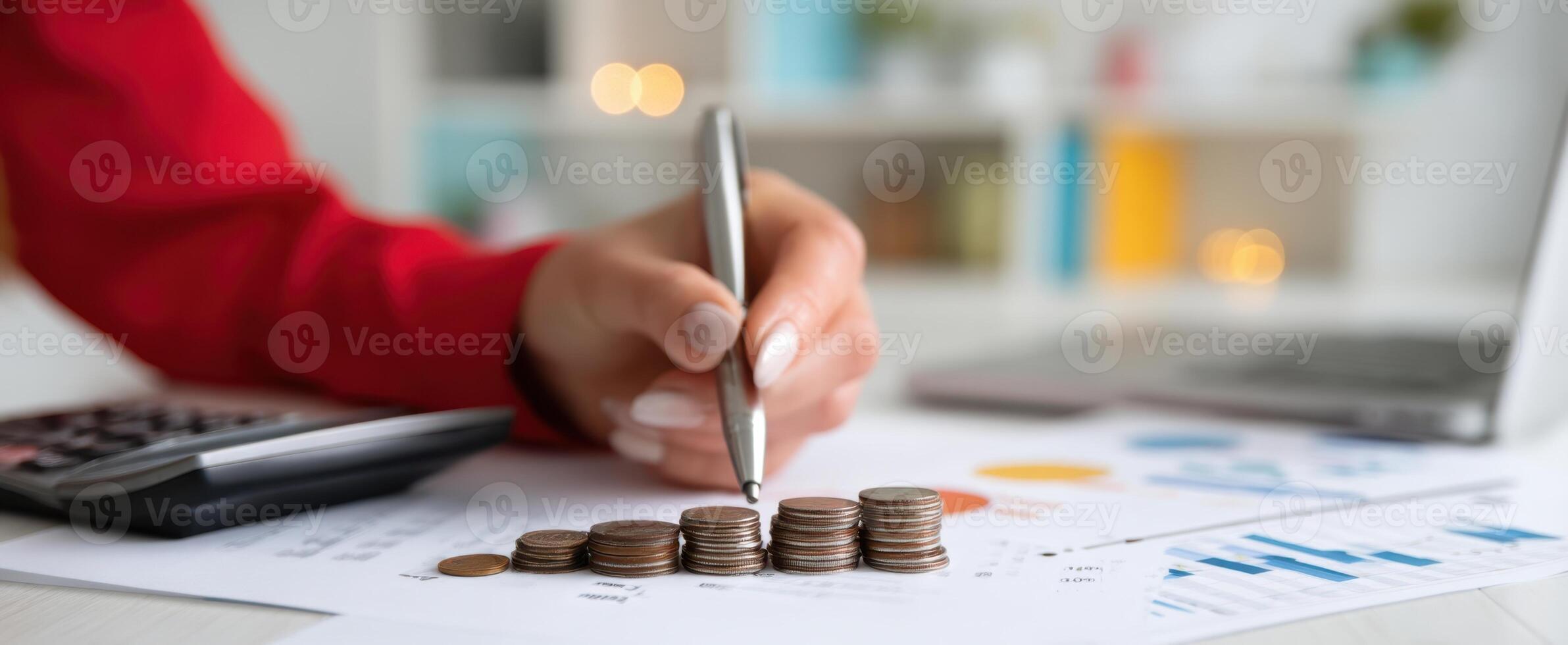 The coins being counted and analyzed in a financial workspace. photo