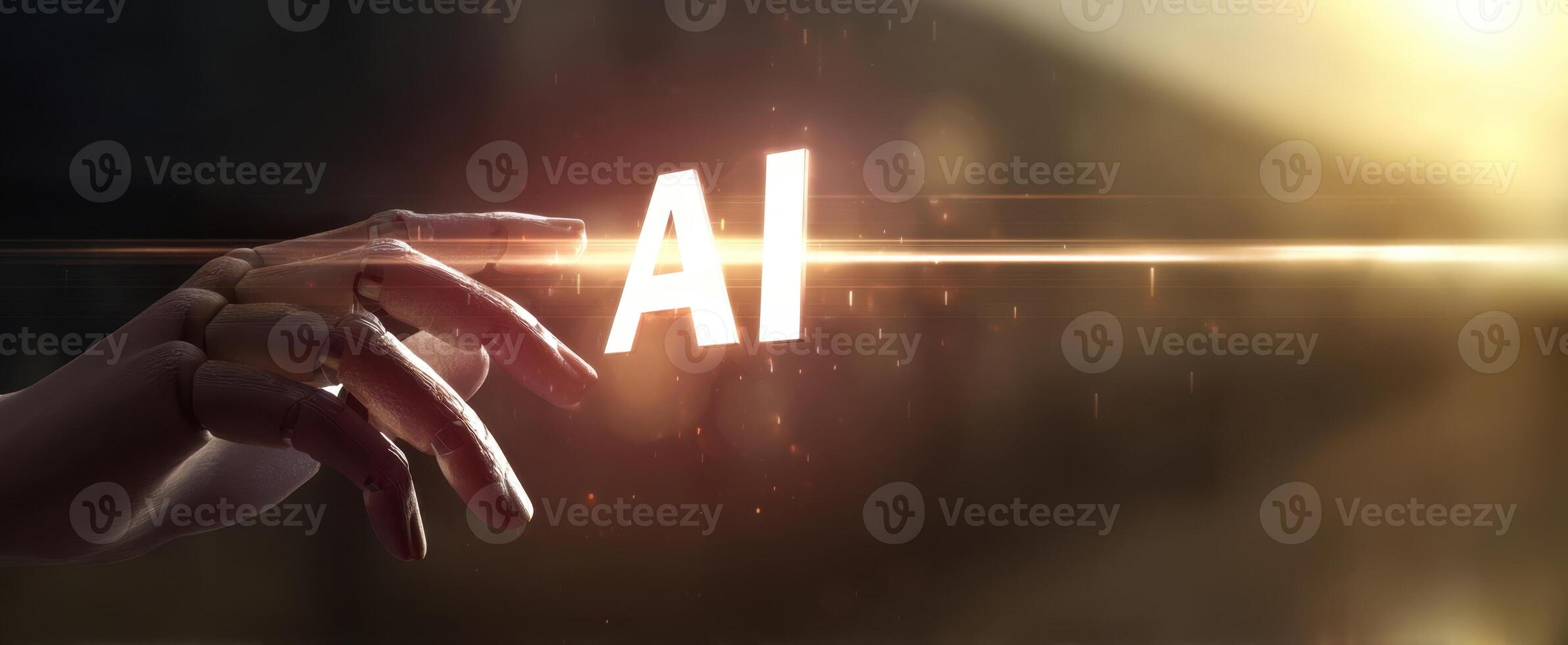 The robotic hand touching the glowing AI text in a futuristic setting. photo