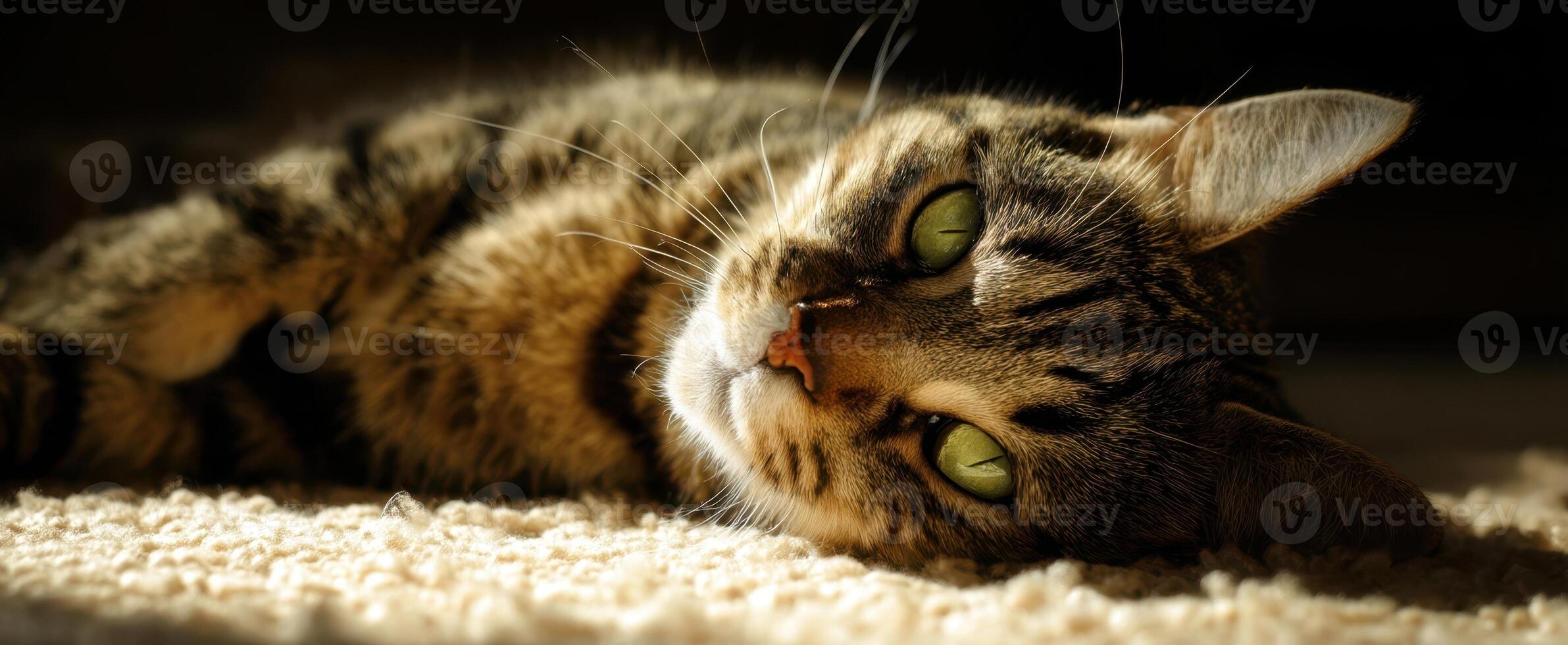 The playful tabby cat lounging in warm sunlight on a cozy carpet. photo