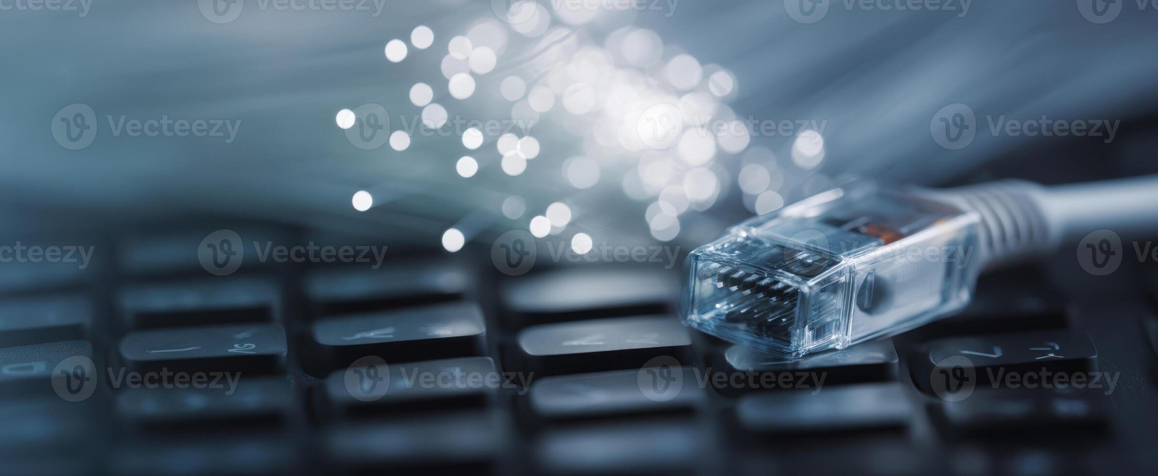 The Ethernet cable connecting to a keyboard with abstract light effects. photo