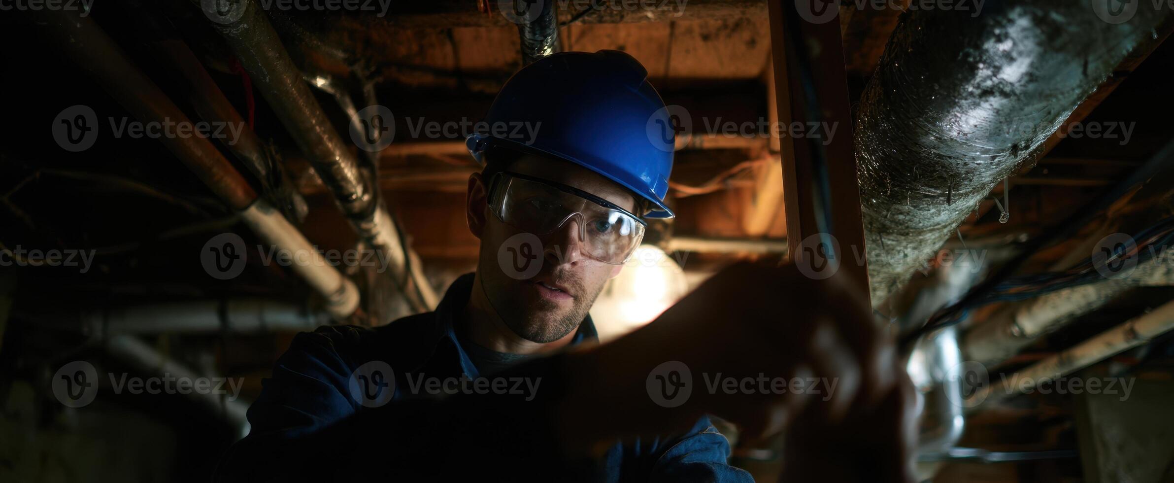 The worker fixing pipes in a dimly lit underground environment. photo