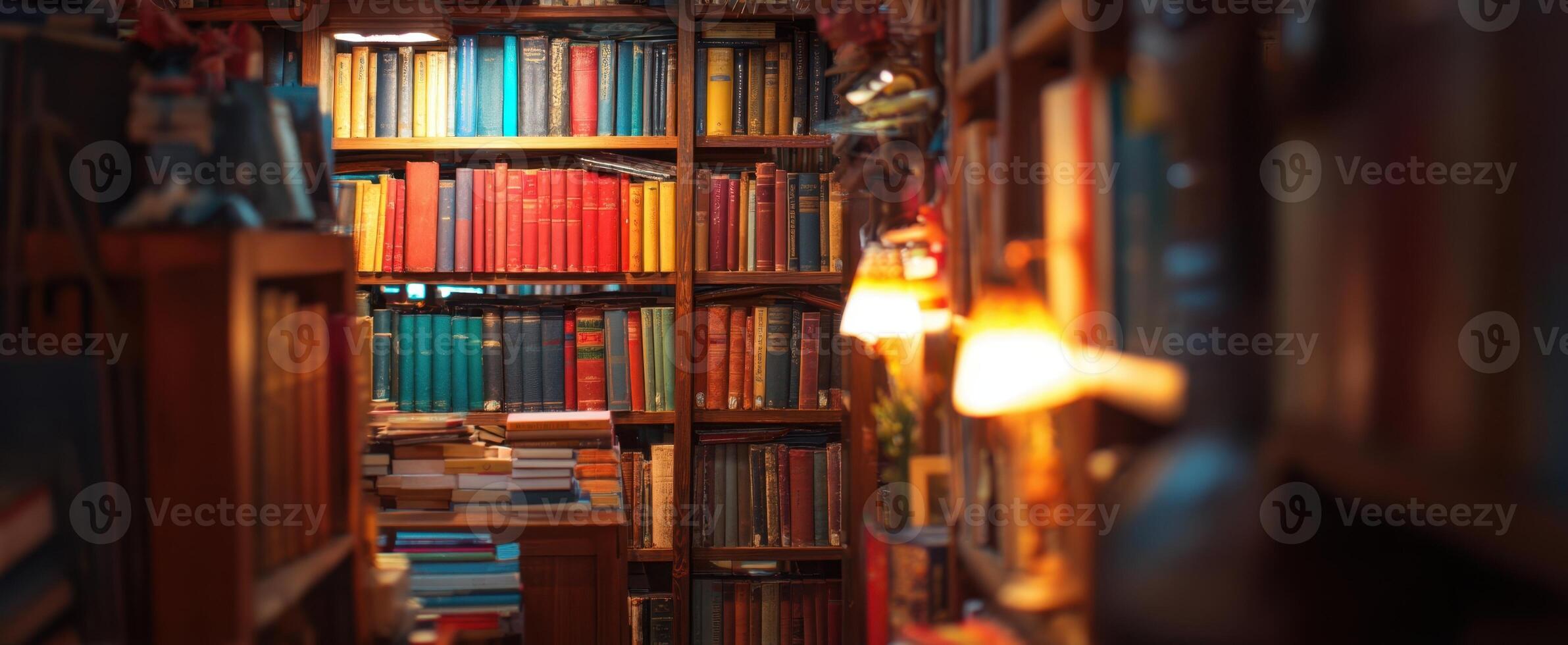 The cozy library filled with colorful books inviting quiet exploration. photo