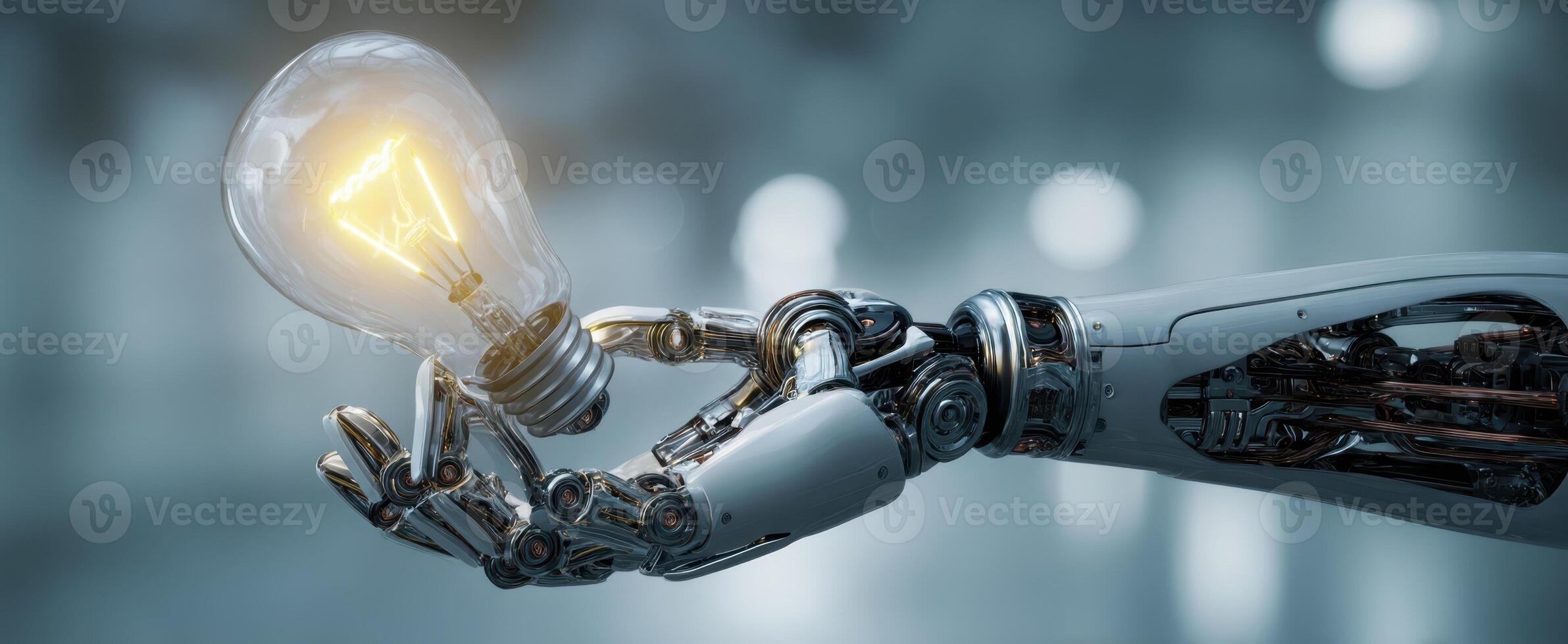 The futuristic robot hand holding a glowing lightbulb in a modern setting. photo