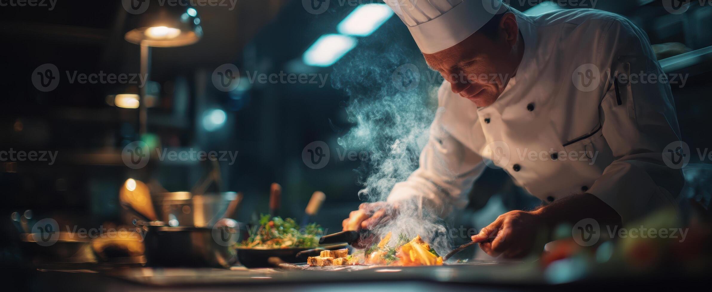 The chef creating a flavorful dish in a bustling kitchen. photo