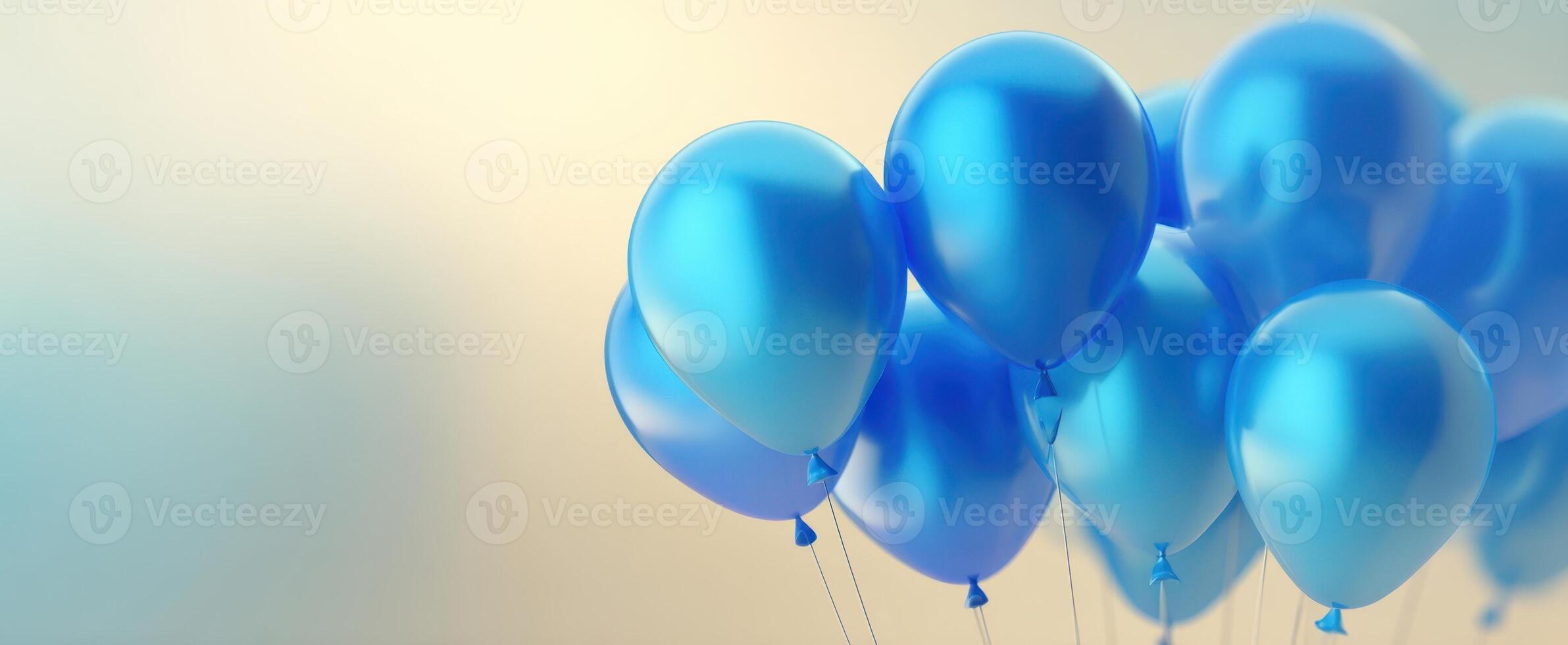 The cluster of glossy blue balloons floating against a soft backdrop. photo