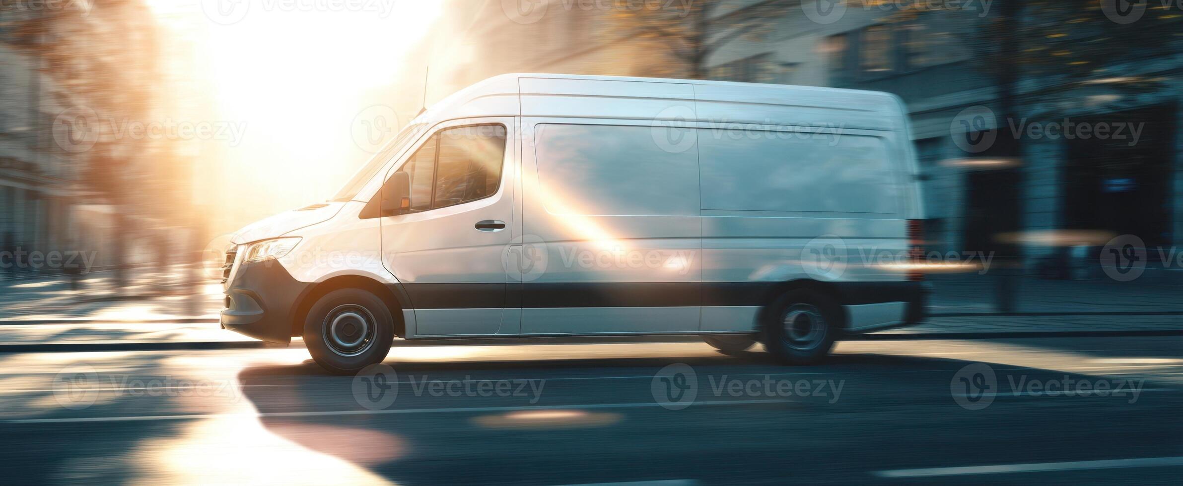The sleek white van driving through a sunlit urban landscape at high speed. photo