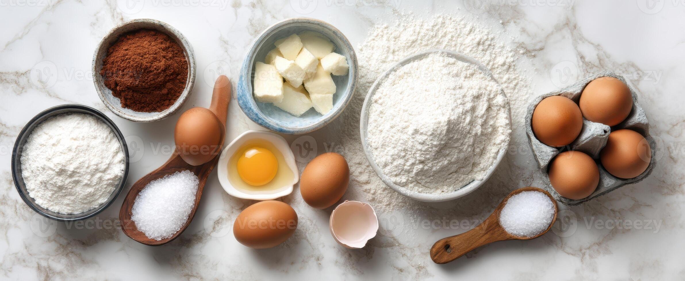 The arrangement of baking ingredients for creating delicious treats at home. photo