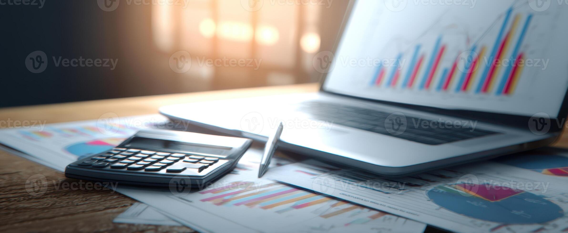 The laptop displaying analytical graphs on a modern workspace desk photo