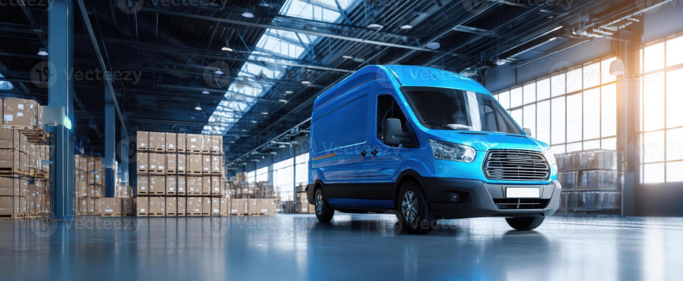 The blue delivery truck parked inside a spacious warehouse filled with boxes. photo