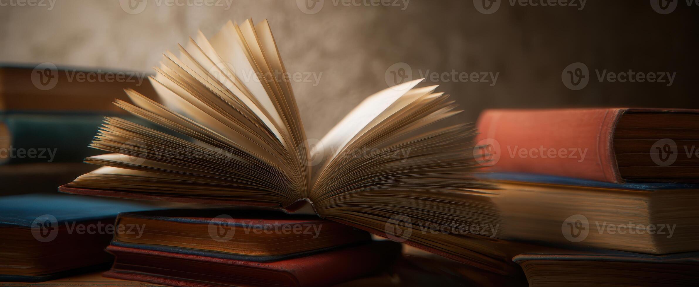 The open book revealing its pages amidst a stack of colorful books. photo