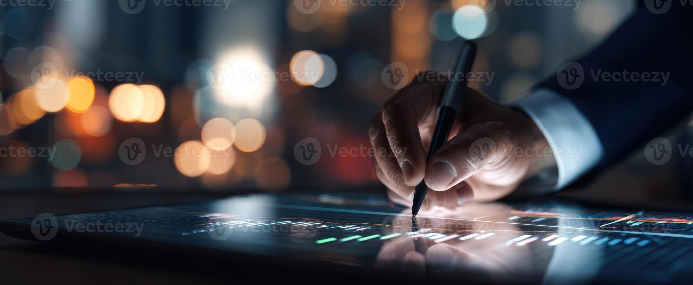 The business professional analyzing financial data on a touchscreen tablet at night. photo